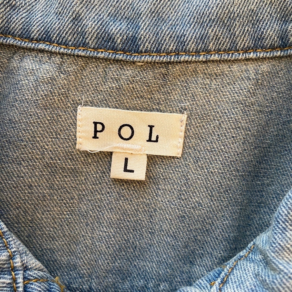 POL Light Wash Denim Jacket Knit Sweater Sleeves Size Large - Picture 10 of 16